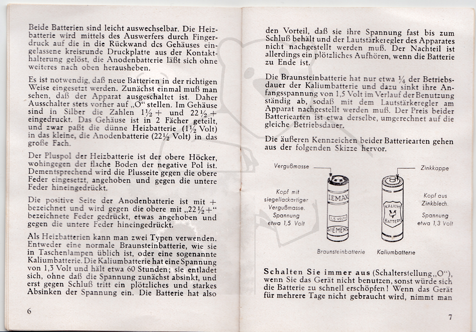 Hörgerät "Fortiphone Type 20", ca. 1949, Anleitung Seite 6 - 7